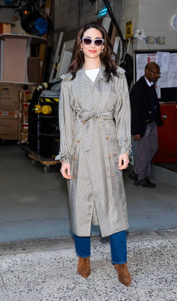 Emmy Rossum in a Plaid Trench Coat