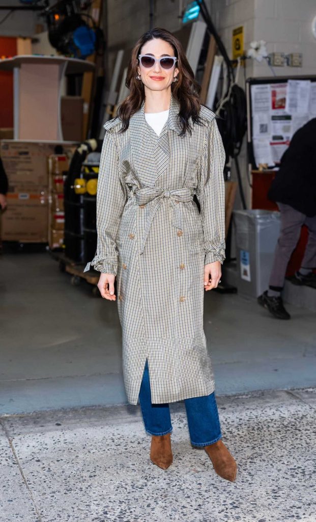 Emmy Rossum in a Plaid Trench Coat