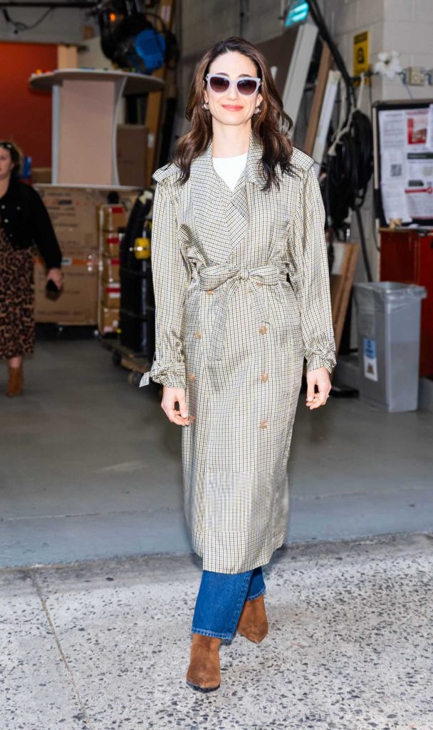 Emmy Rossum in a Plaid Trench Coat