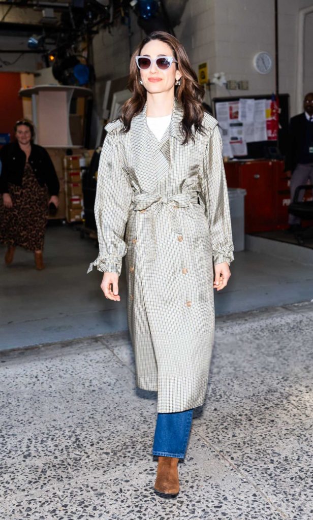 Emmy Rossum in a Plaid Trench Coat