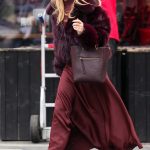 Amanda Holden in a Burgundy Ensemble Stepping Out from the Heart Radio in London