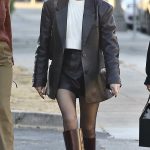 Sarah Hyland in a Black Leather Blazer Was Seen Out with Friends in Studio City