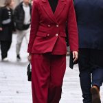 Ashley Roberts in a Red Pantsuit Leaves the Heart Radio in London