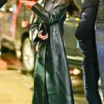 Dua Lipa in a Green Leather Coat Arrives at The Late Show with Stephen Colbert in New York City