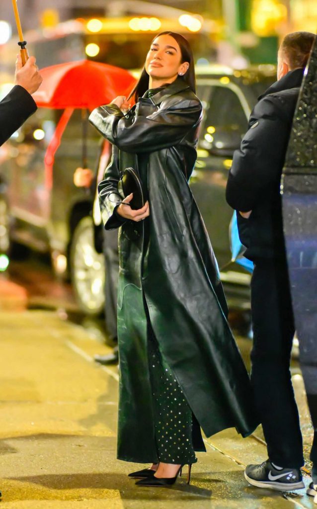 Dua Lipa in a Green Leather Coat