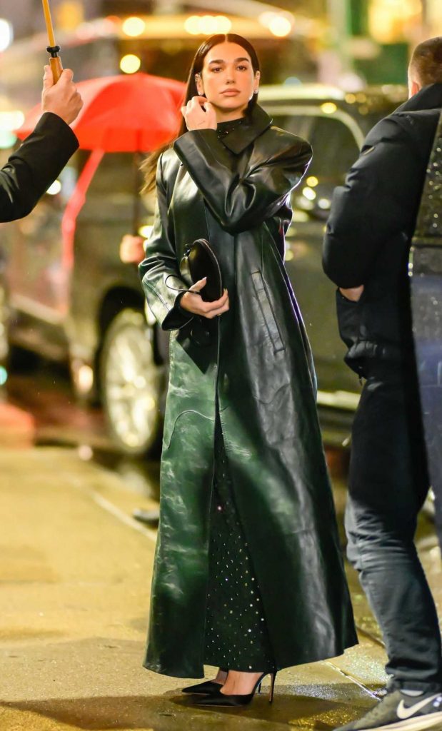 Dua Lipa in a Green Leather Coat