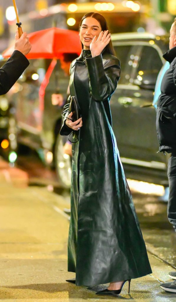 Dua Lipa in a Green Leather Coat