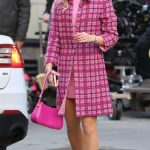 Elle Chapman in a Pink Coat Shooting Scenes for The Madison Series on Fifth Avenue in the Heart of Manhattan in New York City