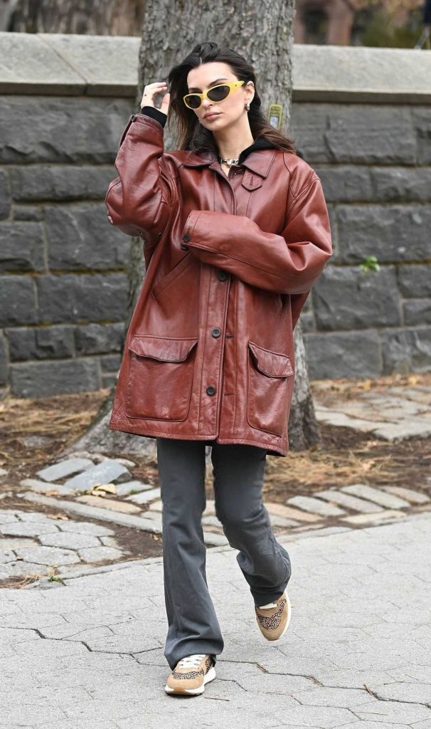 Emily Ratajkowski in a Tan Leather Jacket