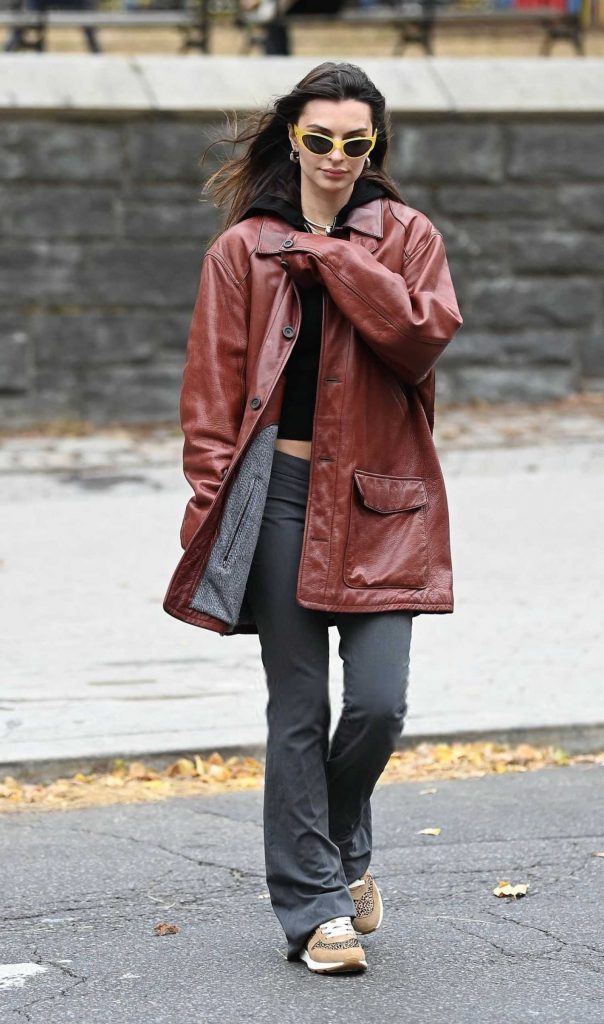 Emily Ratajkowski in a Tan Leather Jacket