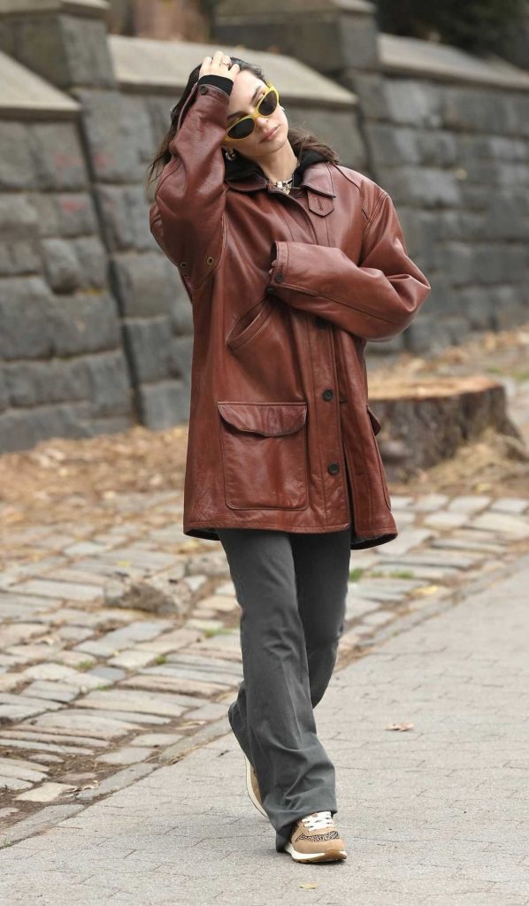 Emily Ratajkowski in a Tan Leather Jacket