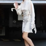 Monica Barbaro in a White Dress Arrives for an Appearance on Jimmy Kimmel Live in Hollywood