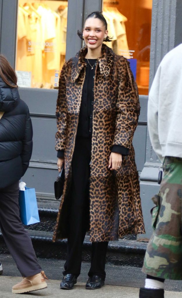 Nara Smith in an Animal Print Fur Coat