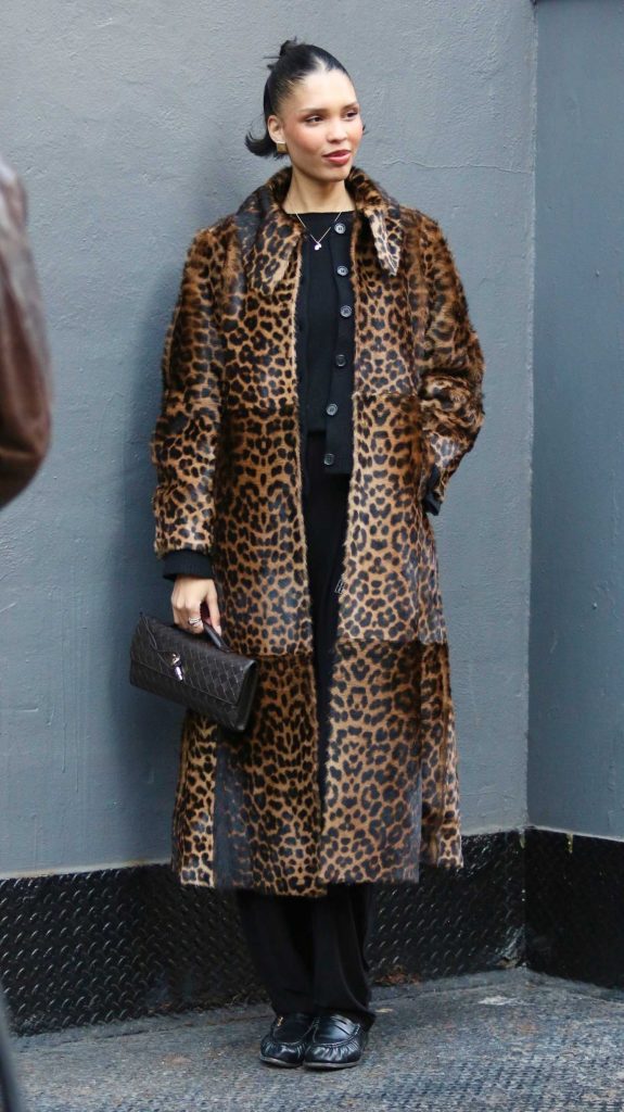 Nara Smith in an Animal Print Fur Coat