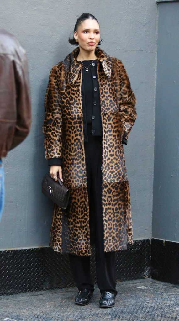 Nara Smith in an Animal Print Fur Coat