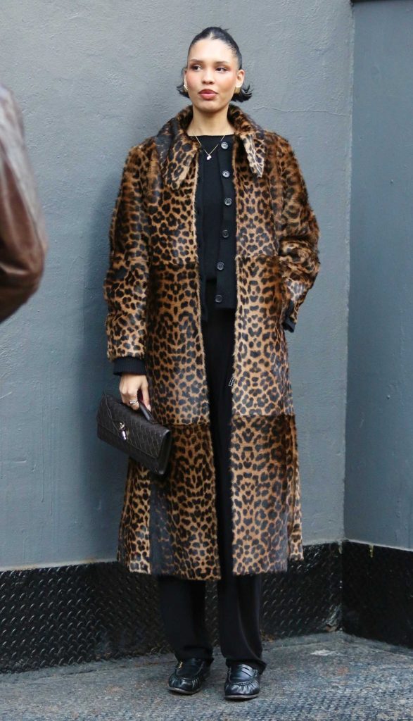 Nara Smith in an Animal Print Fur Coat