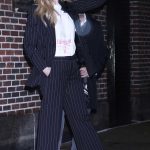 Nicole Kidman in a Black Striped Pantsuit Visits The Late Show with Stephen Colbert in New York City