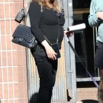 Catherine Bach in a Black Outfit Walks Her Dog in Los Angeles