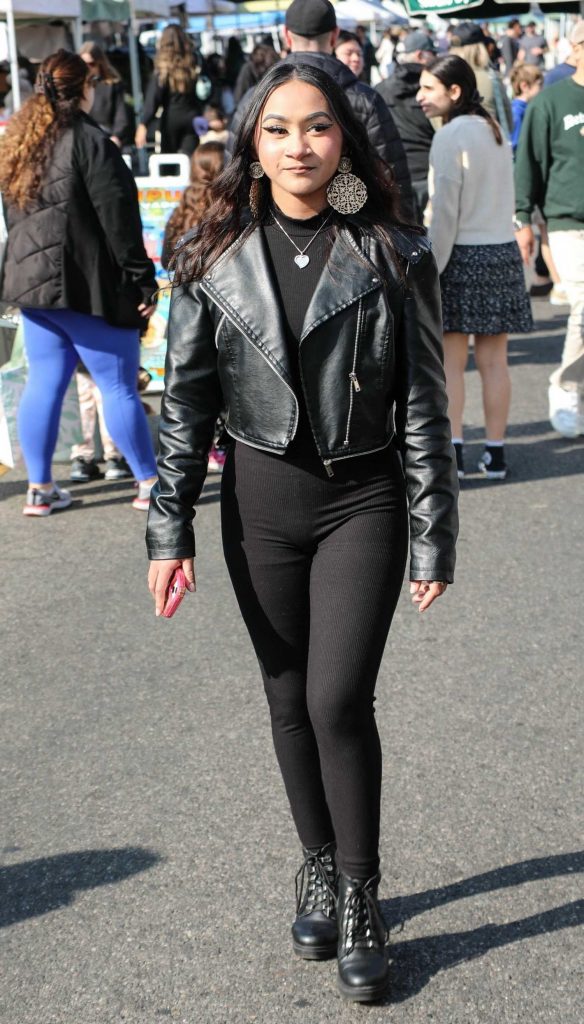 Jessica Casiano in a Black Leather Jacket