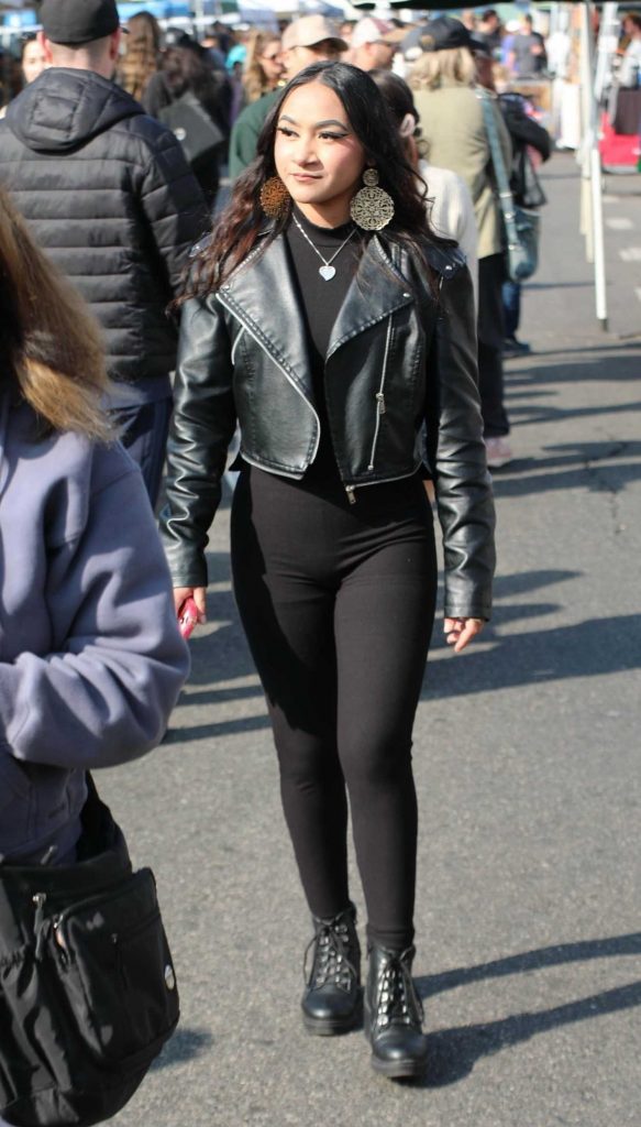 Jessica Casiano in a Black Leather Jacket