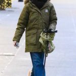 Naomi Watts in an Olive Jacket Walks Her Dog in NYC