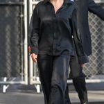 Pamela Anderson in a Black Pantsuit Arrives at Jimmy Kimmel Live! in Hollywood