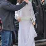 Anne Hathaway in a White Dress Arrives on the Set of The Verity in Queens in New York