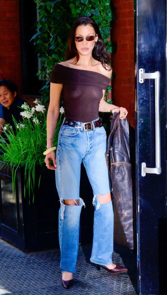 Bella Hadid in a Brown Sheer Top