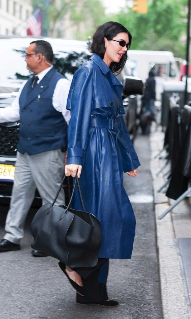 Kendall Jenner in a Blue Leather Trench Coat