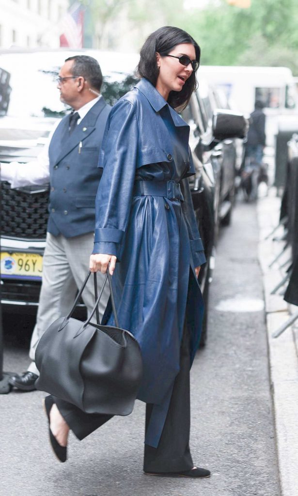 Kendall Jenner in a Blue Leather Trench Coat