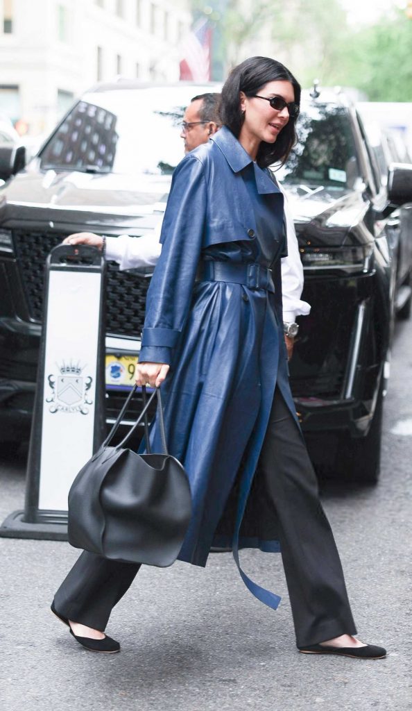 Kendall Jenner in a Blue Leather Trench Coat