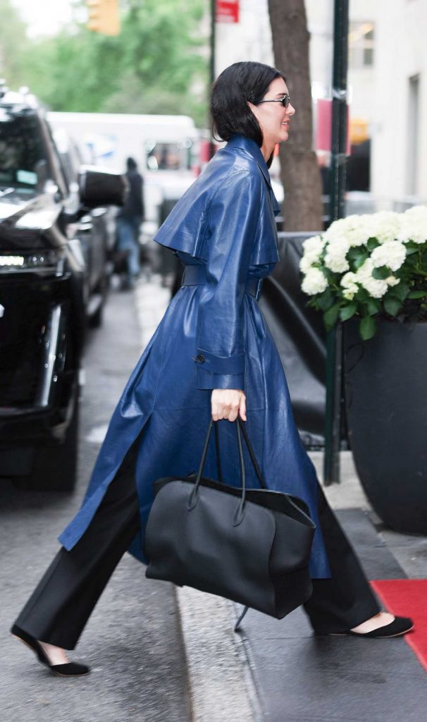 Kendall Jenner in a Blue Leather Trench Coat