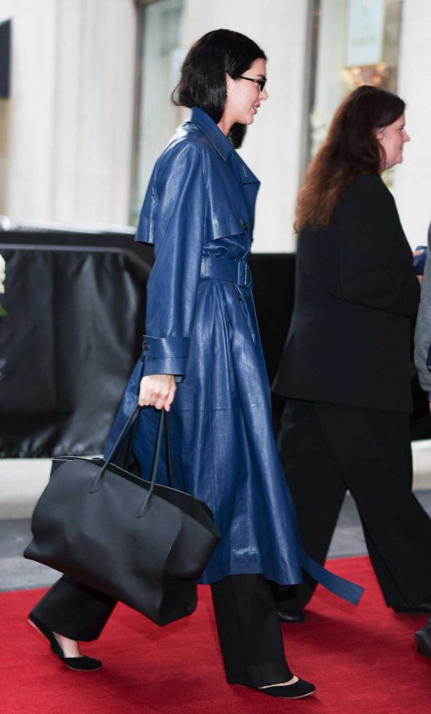 Kendall Jenner in a Blue Leather Trench Coat