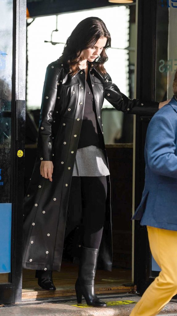 Selena Gomez in a Black Leather Coat