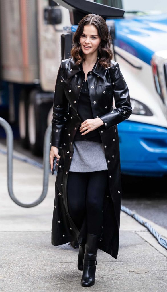 Selena Gomez in a Black Leather Coat