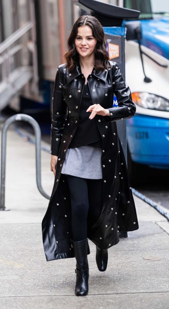Selena Gomez in a Black Leather Coat