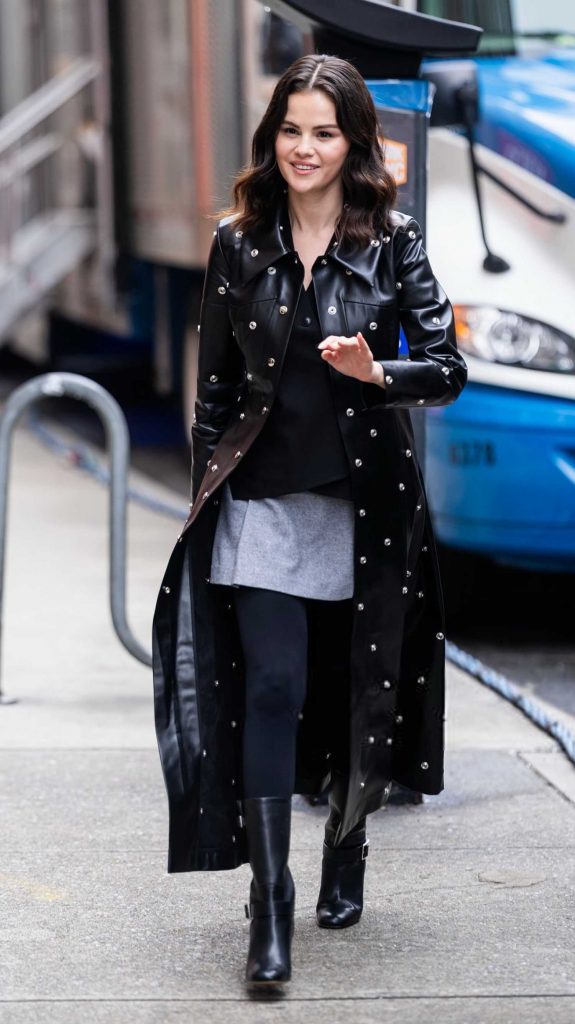 Selena Gomez in a Black Leather Coat