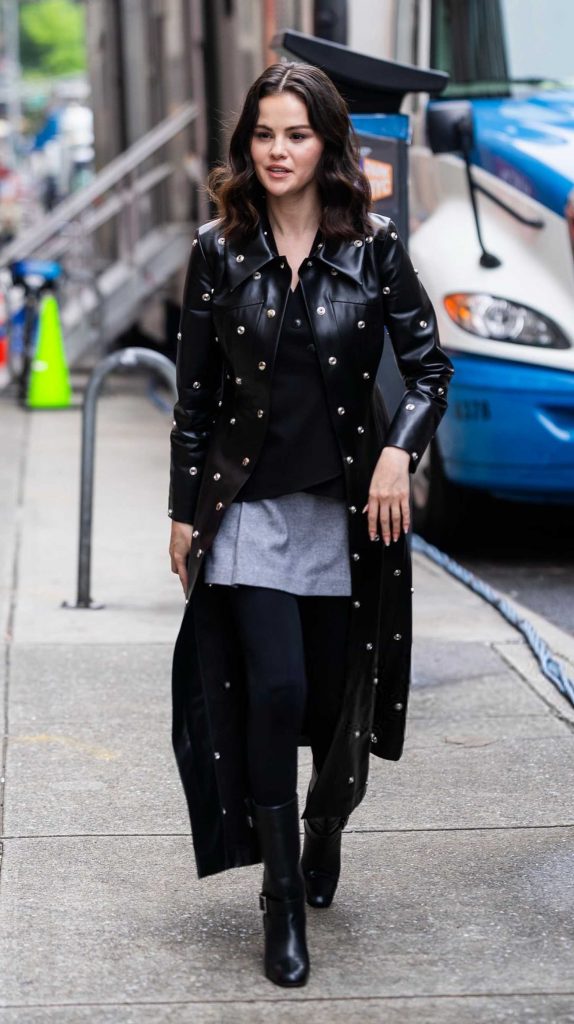 Selena Gomez in a Black Leather Coat