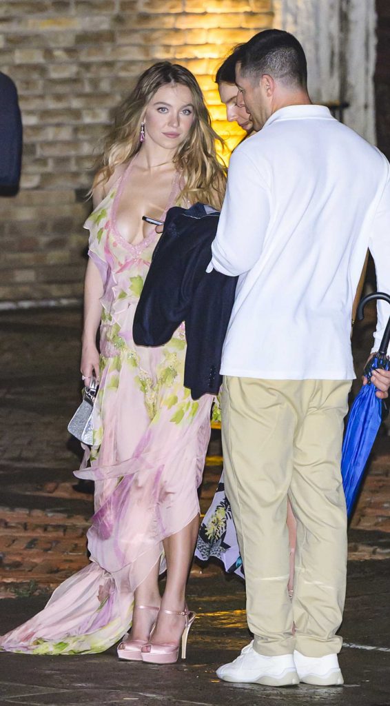 Sydney Sweeney in a Pink Floral Dress
