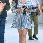 Anne Hathaway in a Blue Striped Dress on the Set of The Devil Wears Prada 2 in New York City