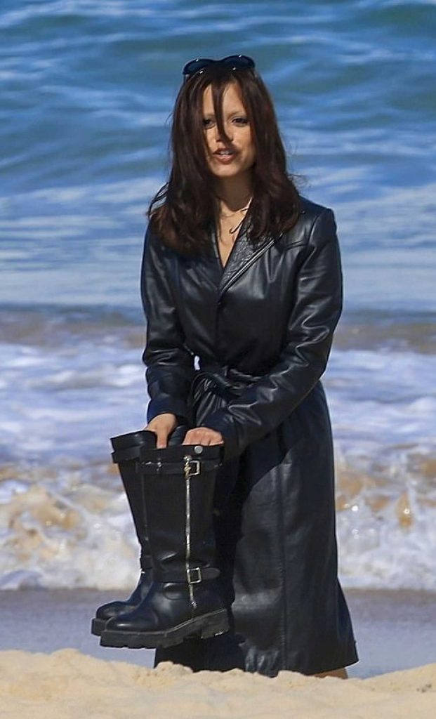 Jenna Ortega in a Black Leather Coat