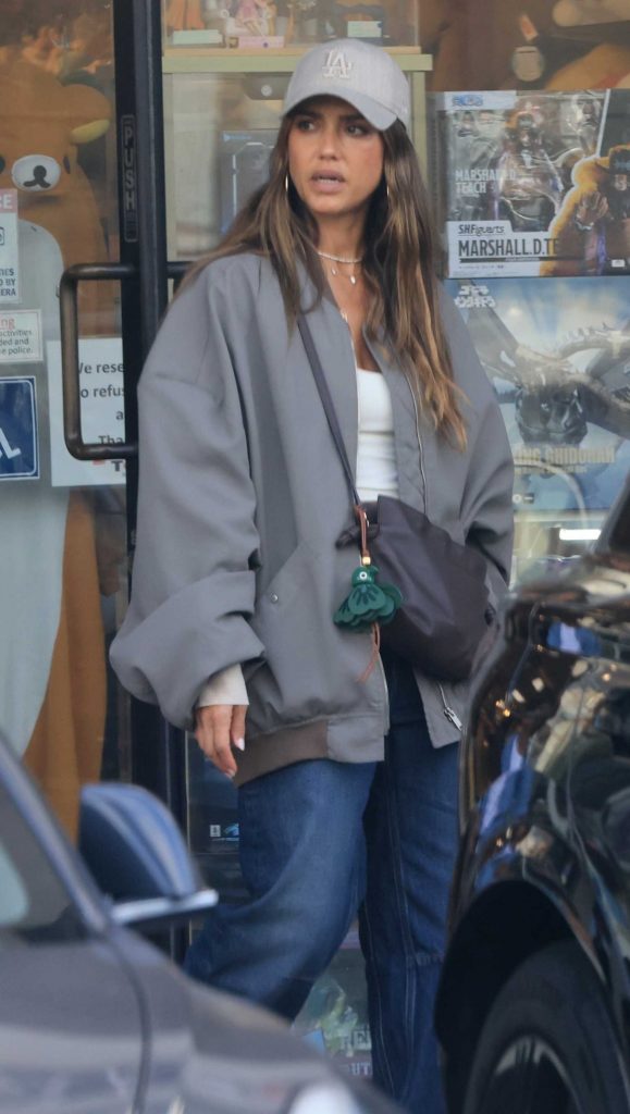 Jessica Alba in a Grey Oversized Bomber Jacket