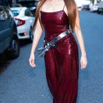 Larsen Thompson in a Burgundy Dress Arrives at the Kate Barton Fashion Show During 2025 NYFW in New York City