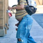 Rihanna in a Blue Ripped Jeans Spending Quality Family Time in Los Angeles