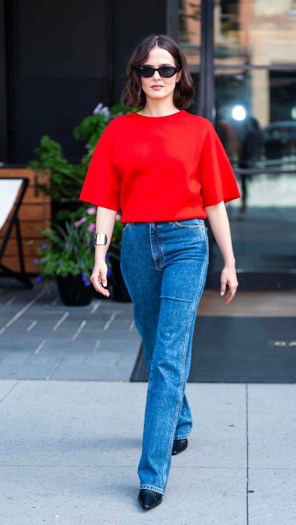 Zoey Deutch in a Red Tee