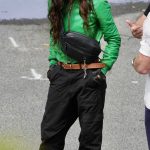 Jessica Alba in a Green Leather Jacket Filming Her New Movie The Mark in Gold Coast