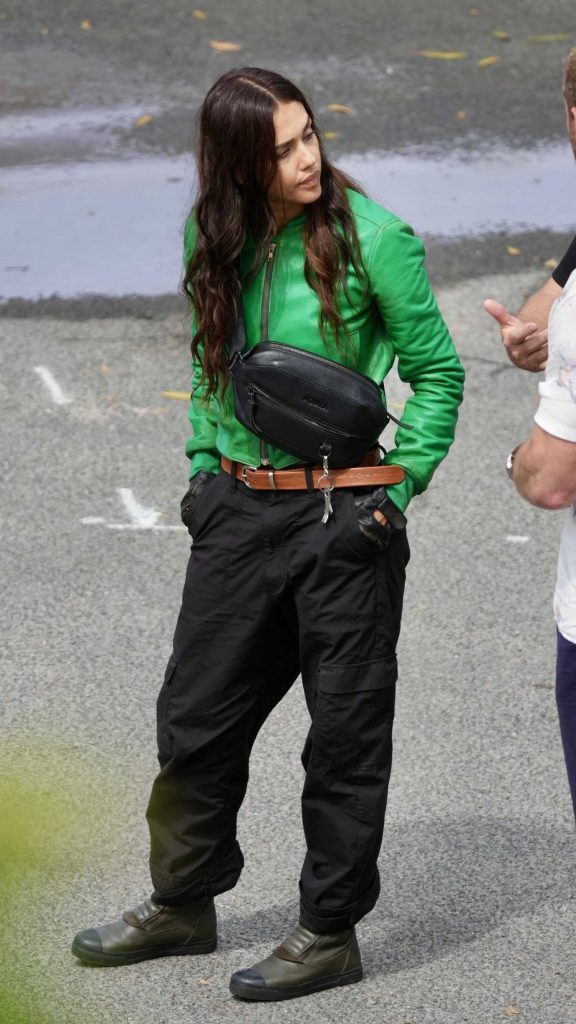 Jessica Alba in a Green Leather Jacket
