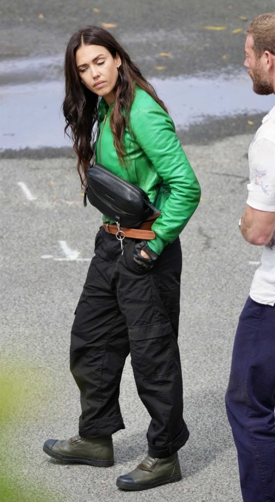 Jessica Alba in a Green Leather Jacket
