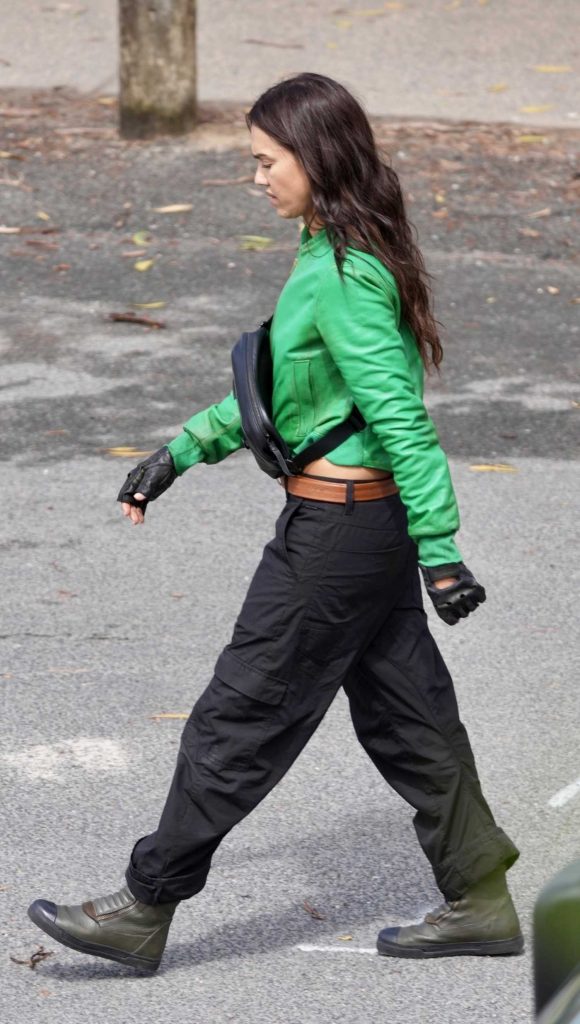 Jessica Alba in a Green Leather Jacket