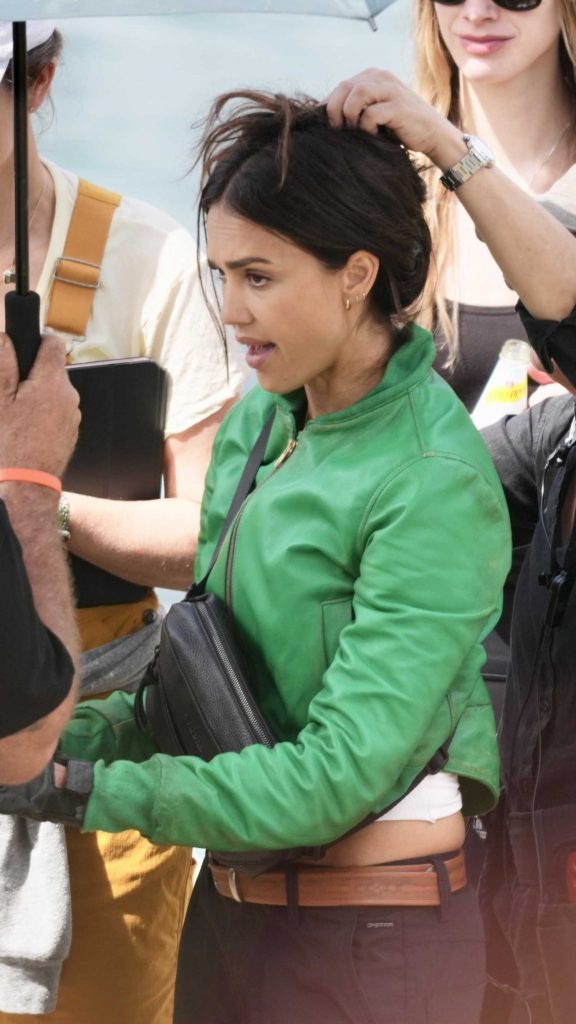 Jessica Alba in a Green Leather Jacket